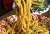 Spicy Chicken Peanut Butter Udon with Sautéed Vegetables