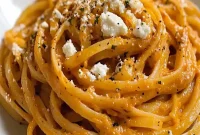 Linguine with Roasted Red Pepper Cream and Fresh Goat Cheese
