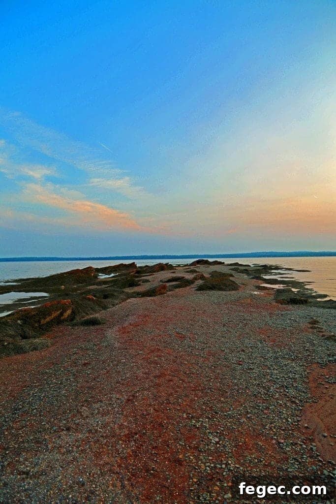 Looking down a peninsula with rocks and water on either side 
