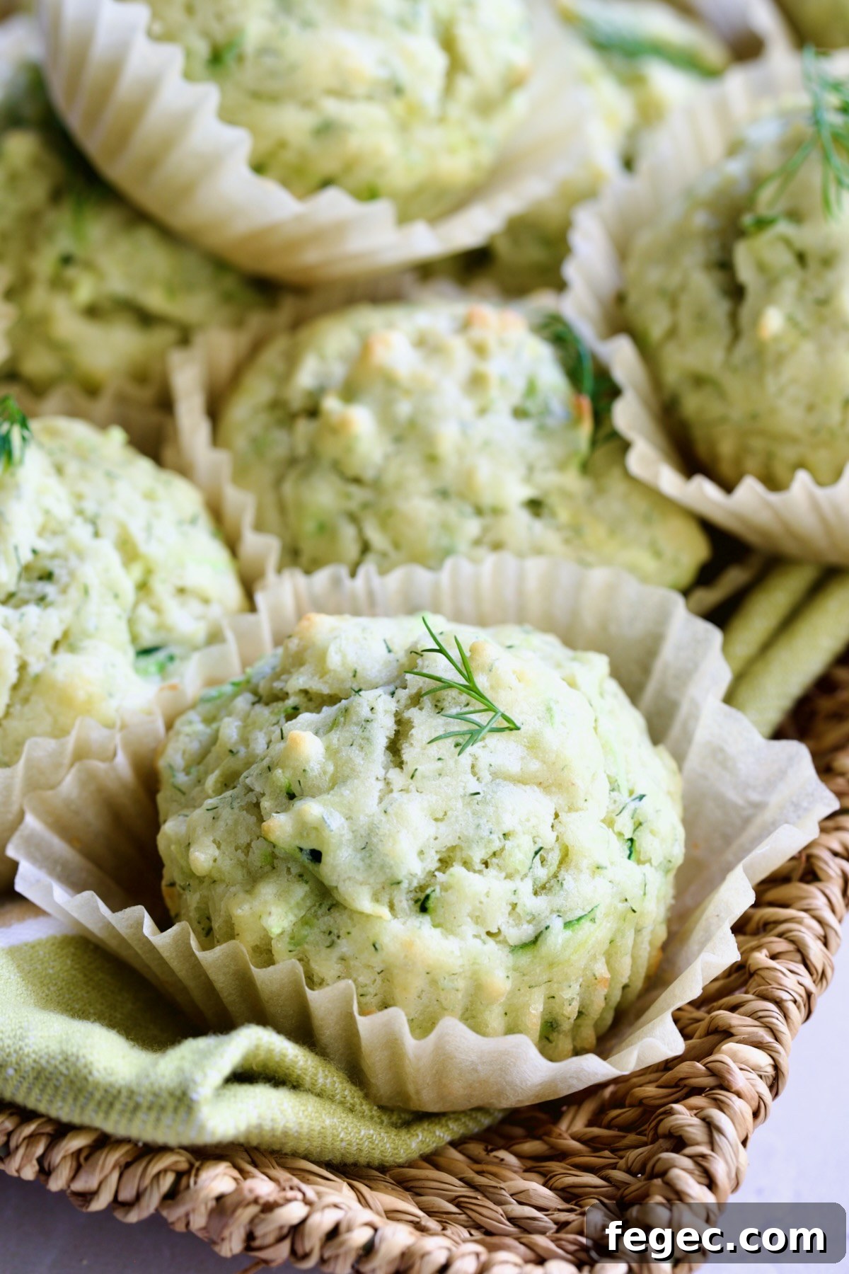 Pile of Dill Zucchini and Ricotta Muffins on square rattan basket.