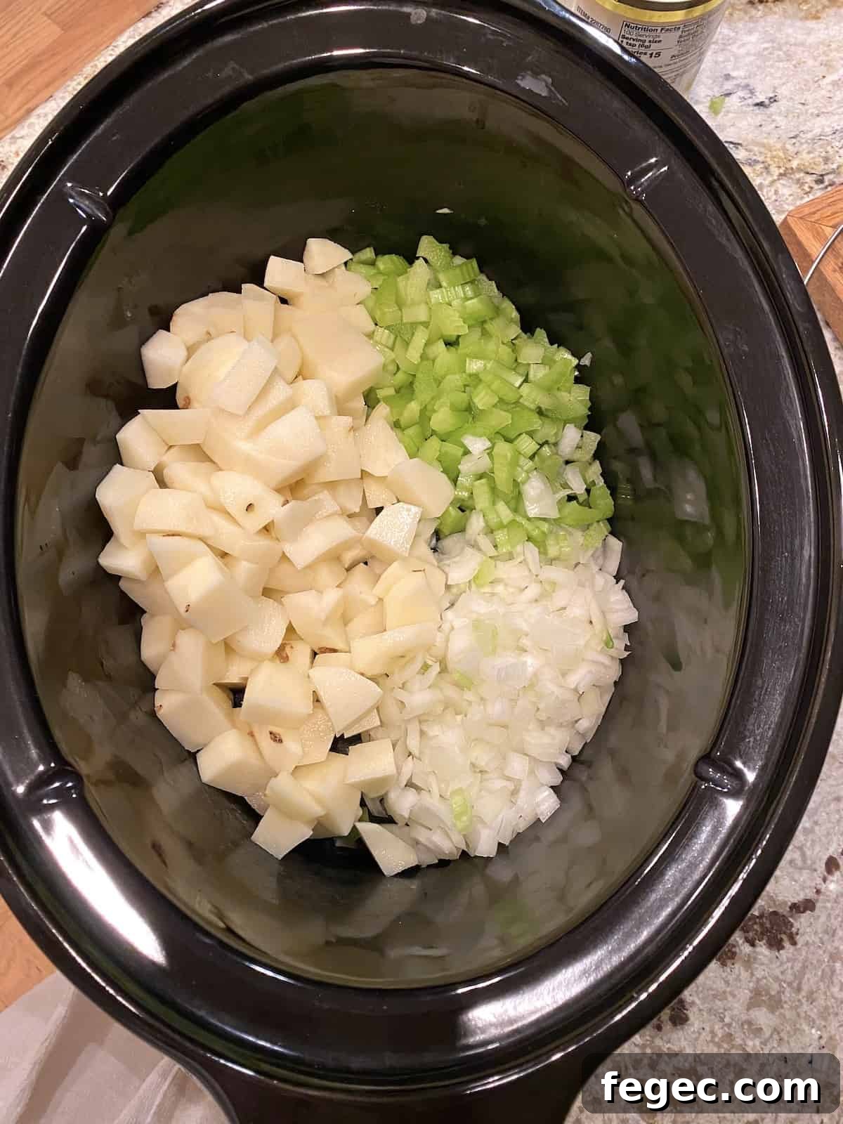 Chowder ingredients in a large crockpot.