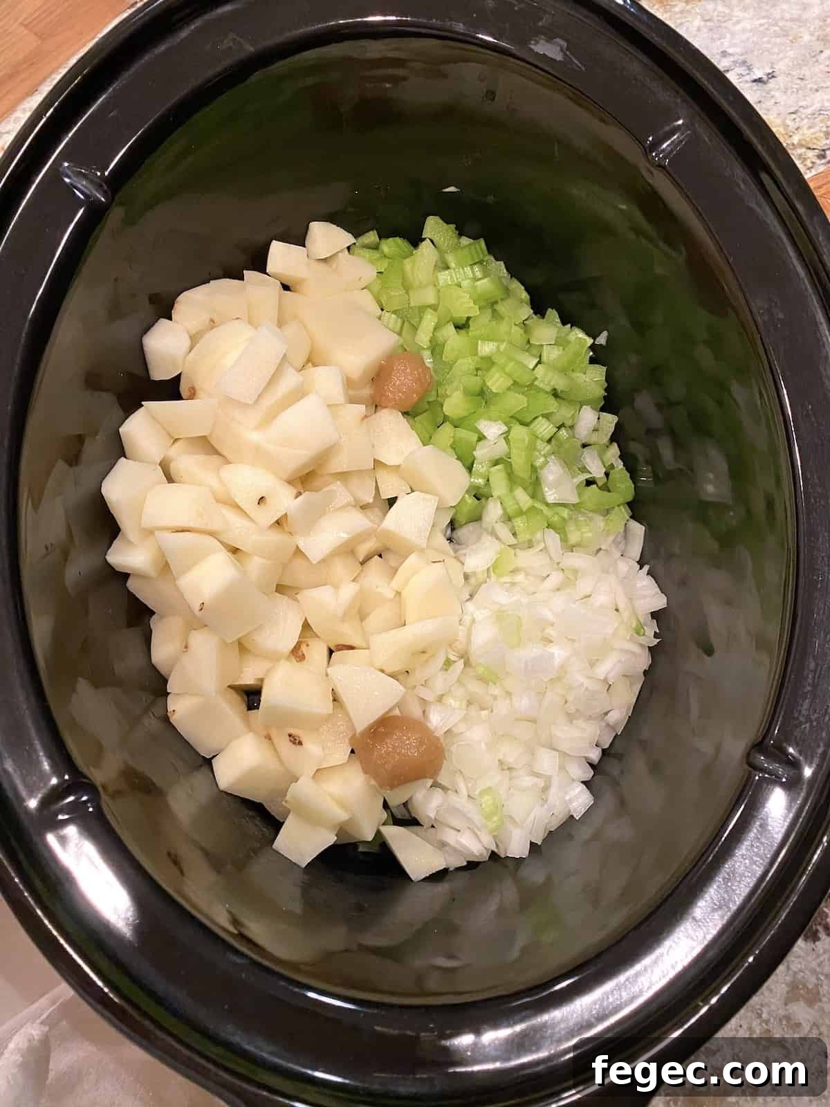 Vegetables in a crockpot, no clam juice.
