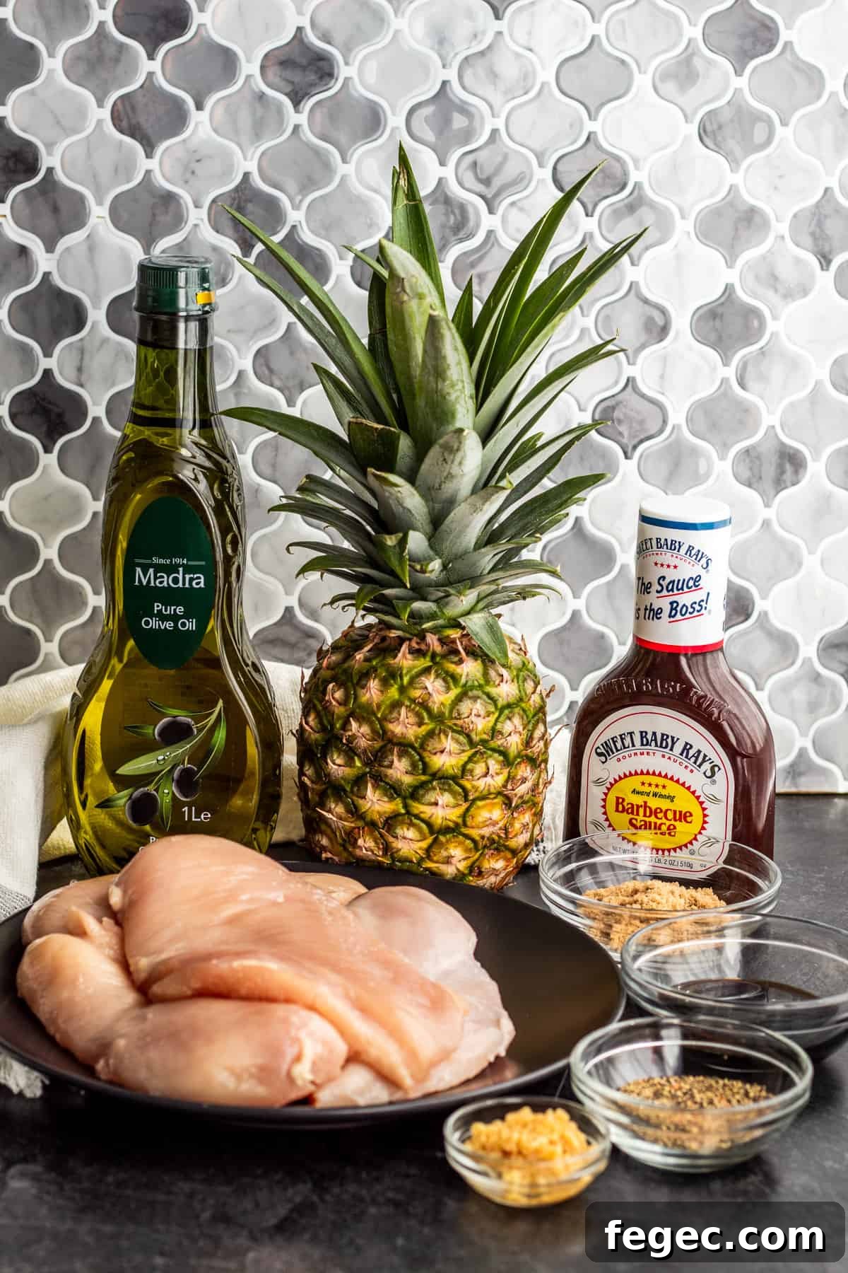 Ingredients laid out on gray counter.