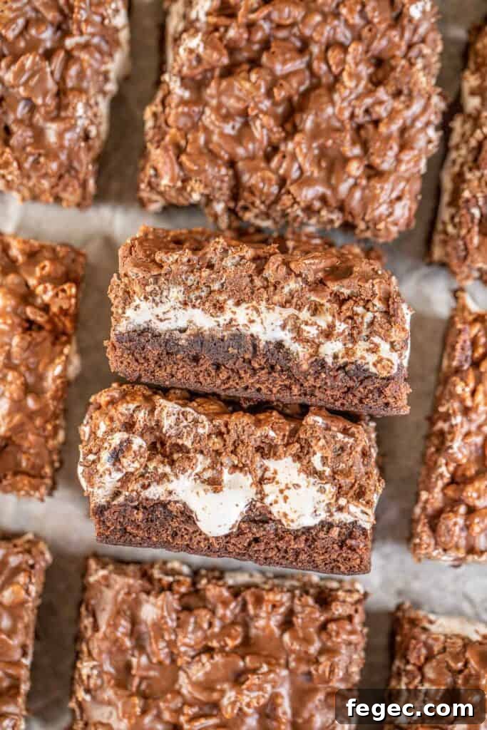 side view of 2 layered brownie bars on a platter