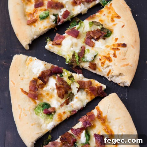Goat cheese, bacon and brussels sprout pizza