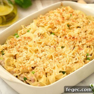 Tuna Noodle Casserole in 9 x 13 pan after bread crumbs have been under the broiler.