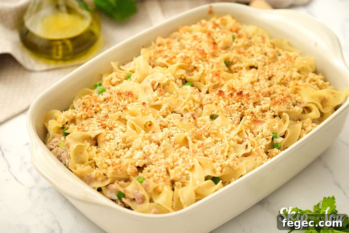 Tuna Noodle Casserole in 9 x 13 pan after bread crumbs have been under the broiler.