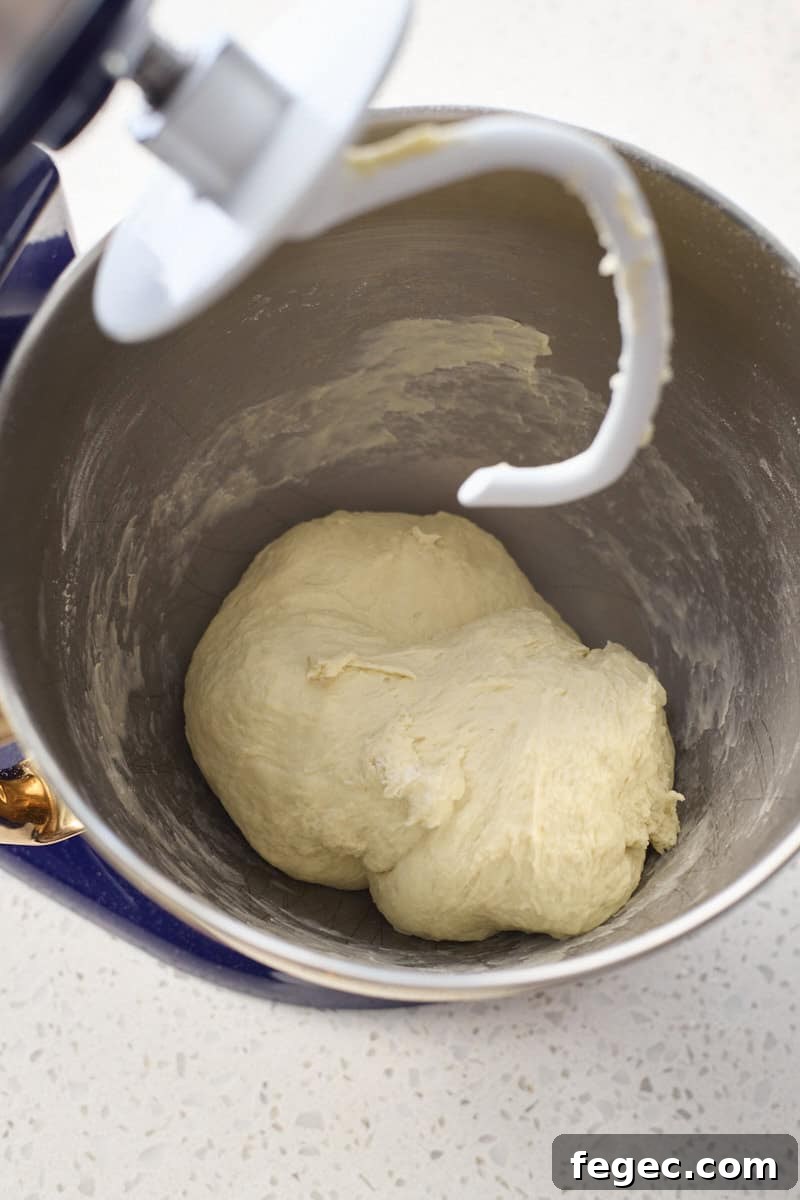 Dough in the bowl of a stand mixer.