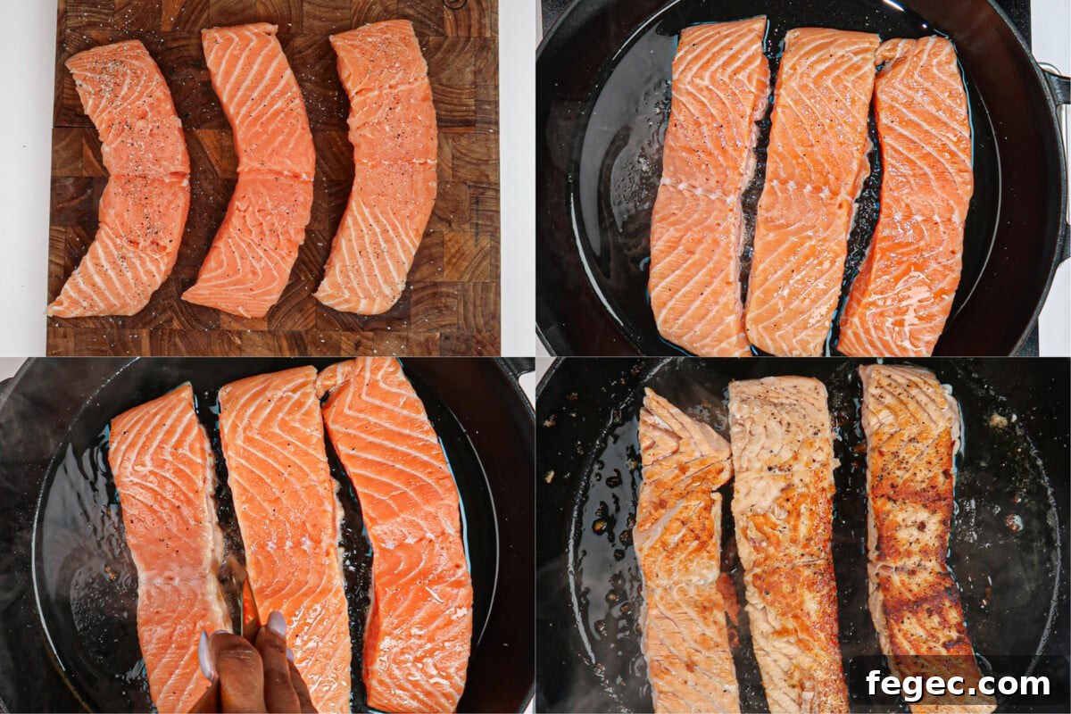 Salmon being pictured being seared and flipped in oil in a black cast iron skillet