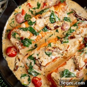 Creamy Tuscan Salmon in a cast iron skillet for serving.