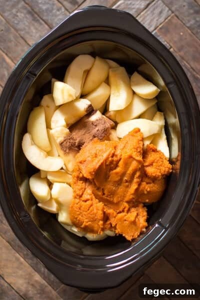sliced apples, seasonings, and pumpkin puree in a slow cooker.