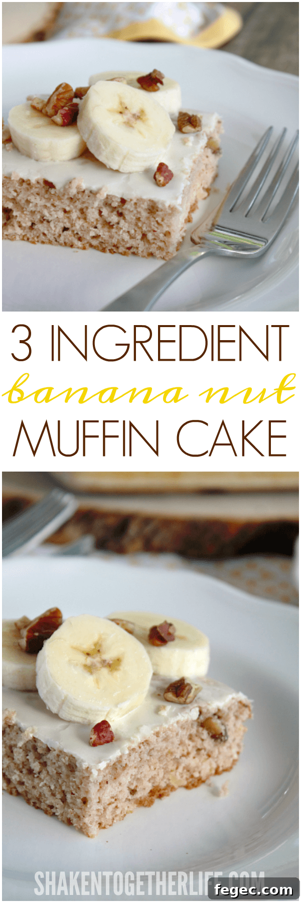 Need an easy breakfast recipe? Try this 3 Ingredient Banana Nut Muffin Cake! Just mix, bake and frost!