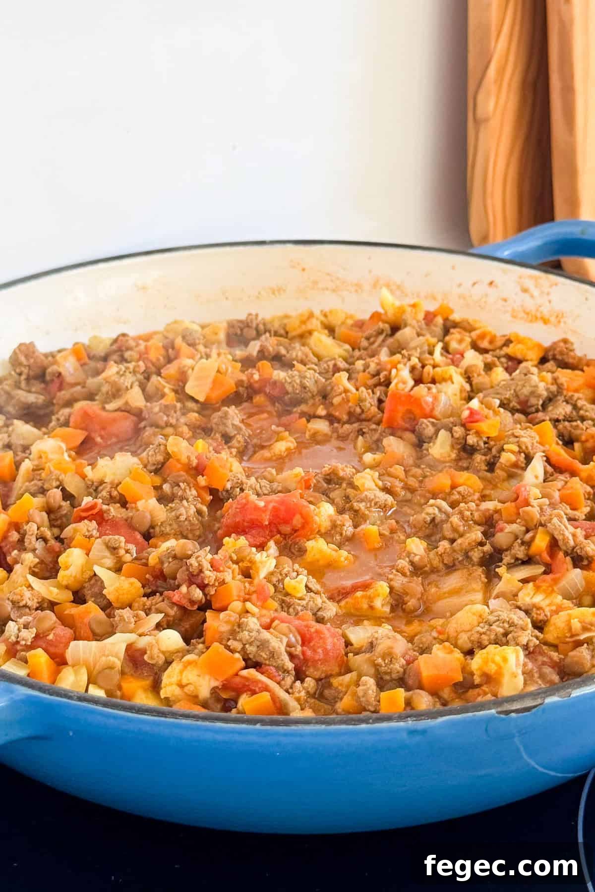 Savoury mince simmering on the stove.