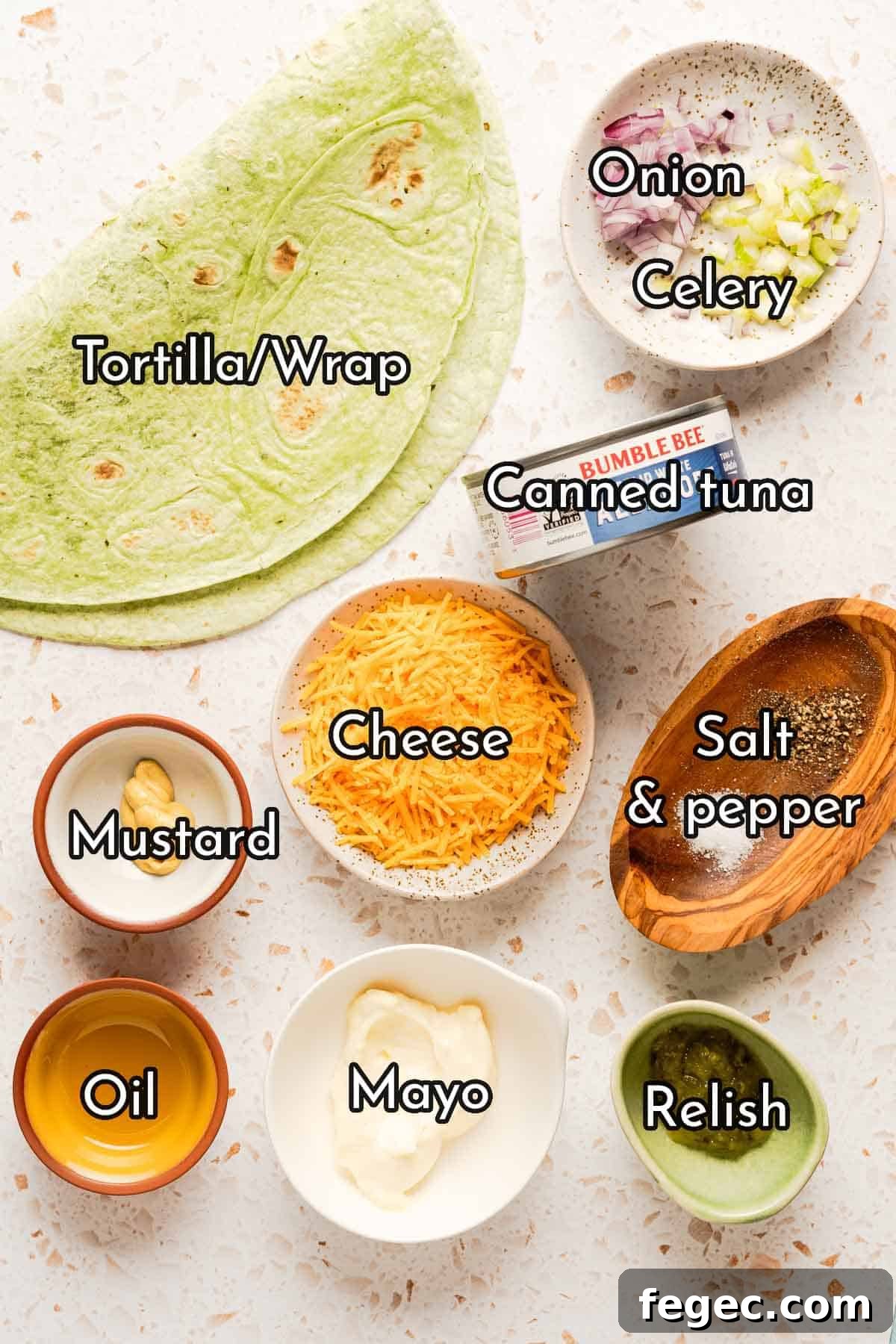 Crispy Tuna Melt Wrap Recipe for Quick Lunch or Picnic 3 ingredients laid out on counter for tuna melt wrap with text labels.