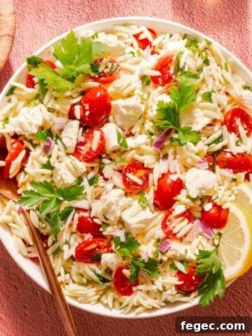 bowl of orzo salad with lemon tomatoes feta and parsley.