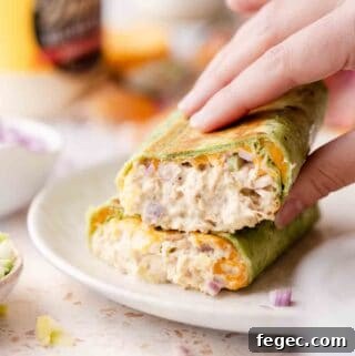 hand holding tuna melt wrap half on plate.