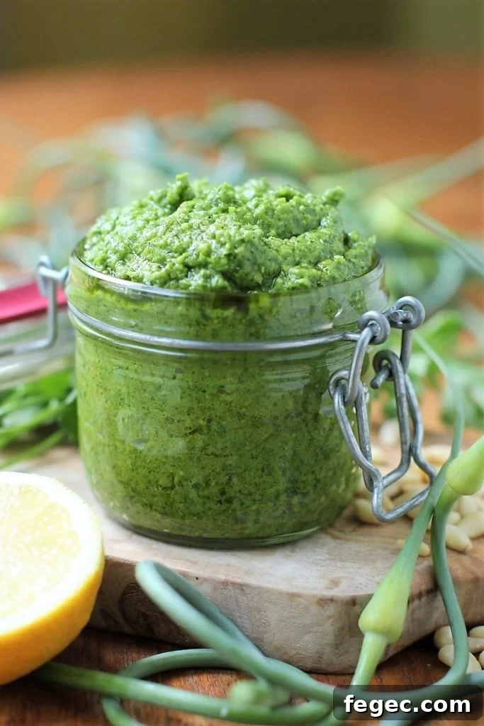 garlic scape pesto piled high in jar