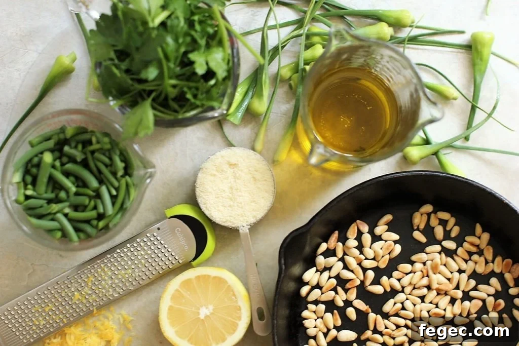 main ingredients for garlic scape pesto