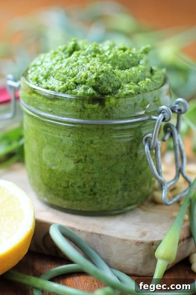 Jar of garlic scape pesto