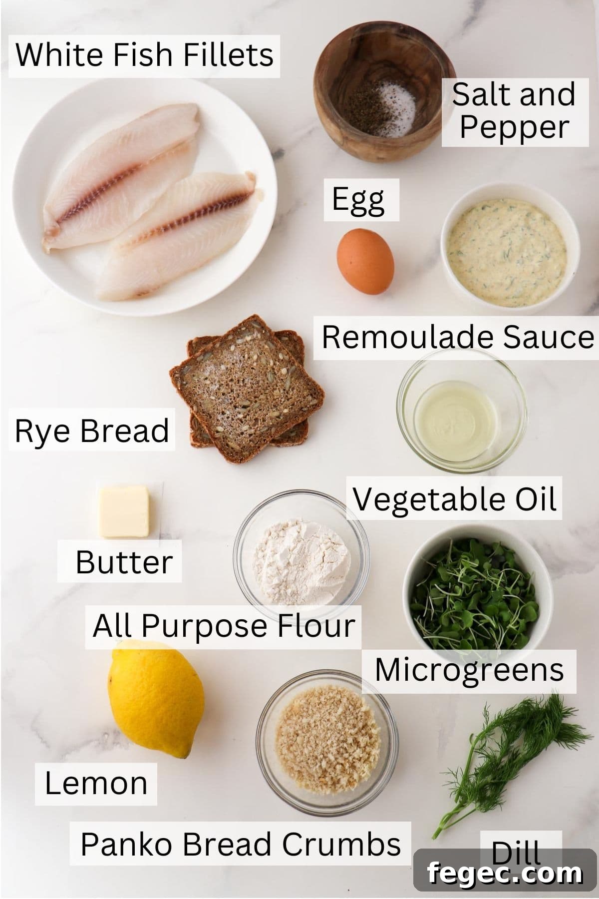Labeled ingredients for Crispy Pan-Fried Fish Smørrebrød.