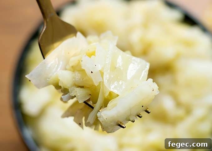 Close up of forkful of Buttered Cabbage
