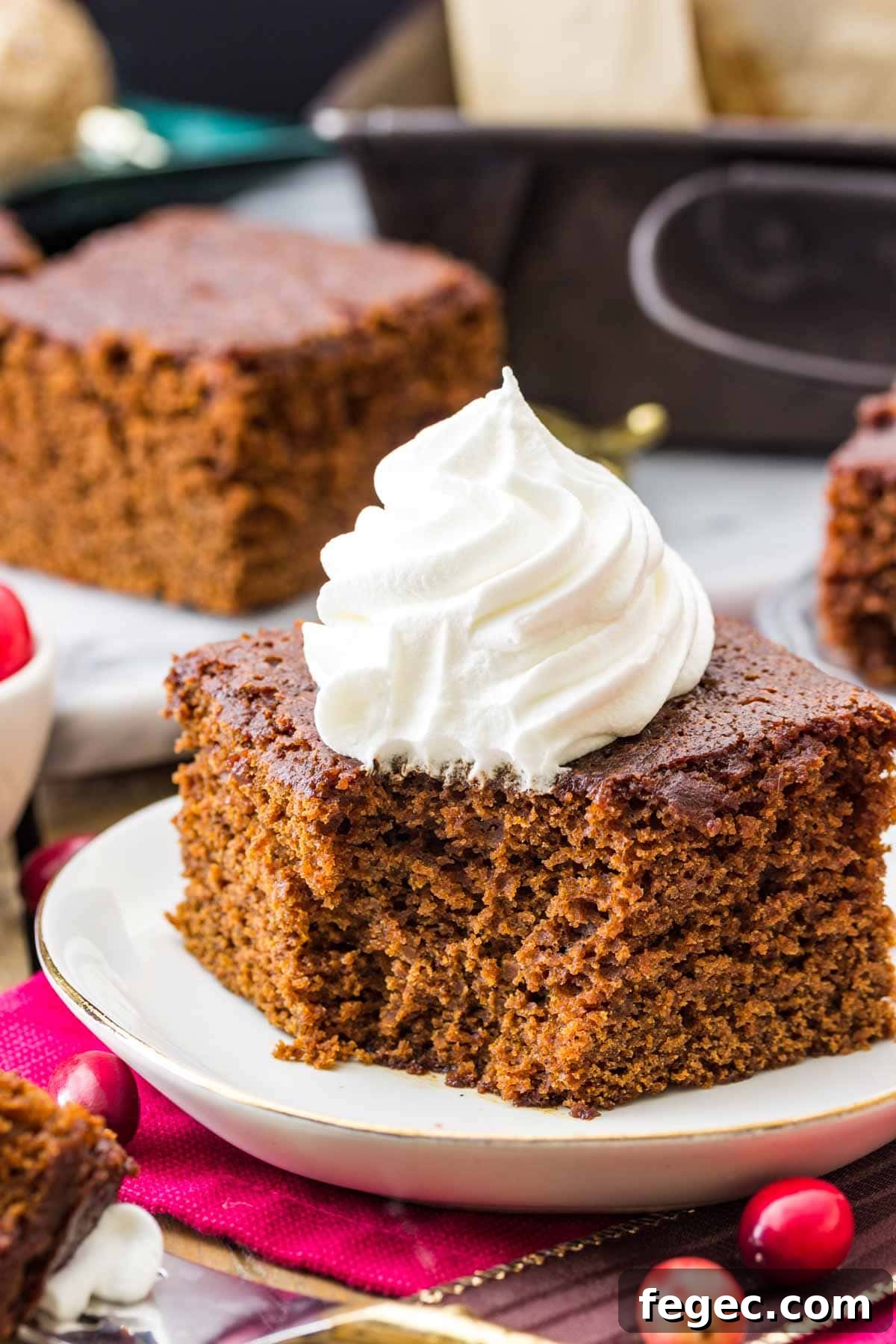 square slice of old fashioned gingrebread cake on a white plate with a bite missing