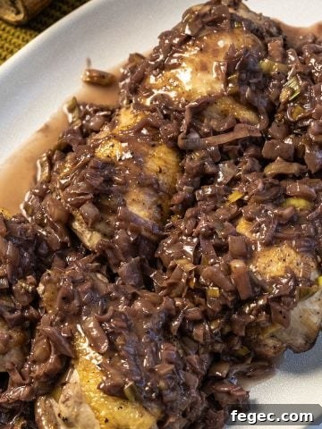 Chicken thighs covered in red wine and fennel sauce