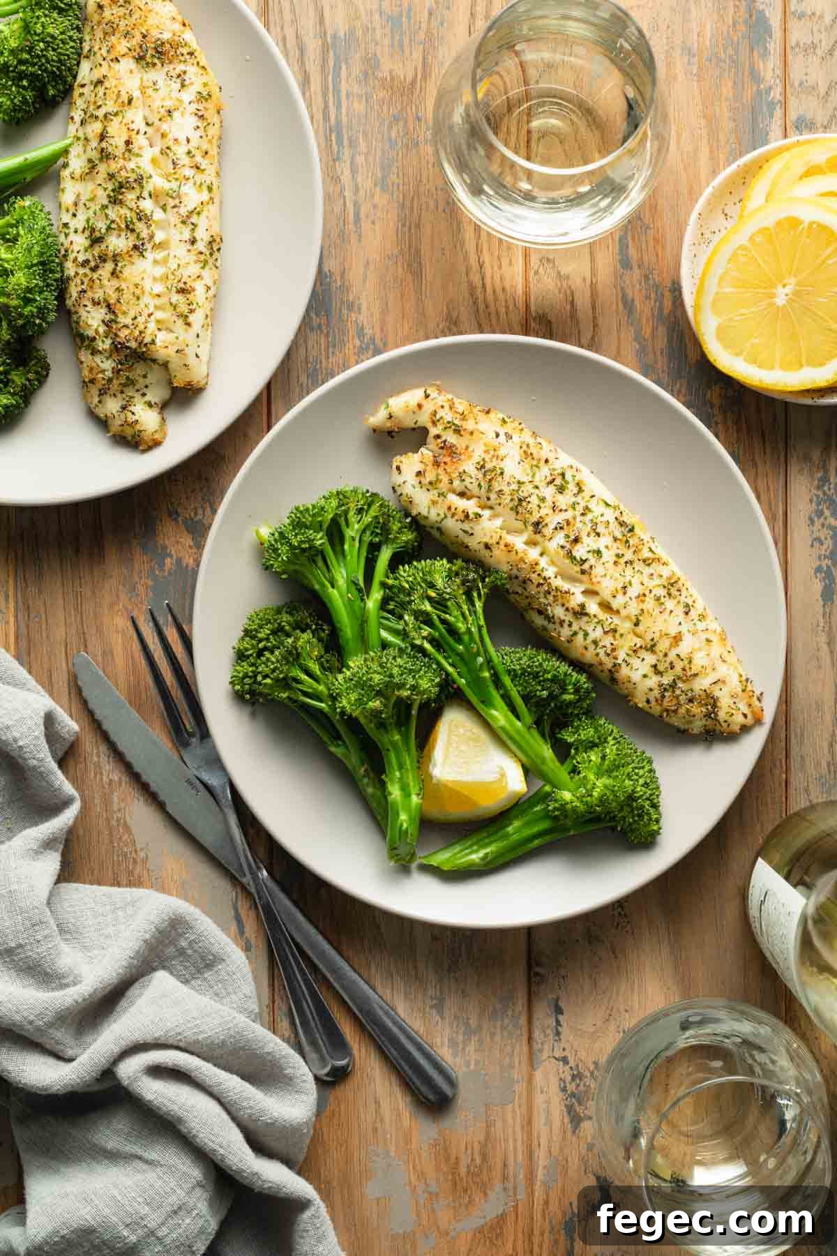 Two plates of tilapia and roasted broccoli arranged on a table.