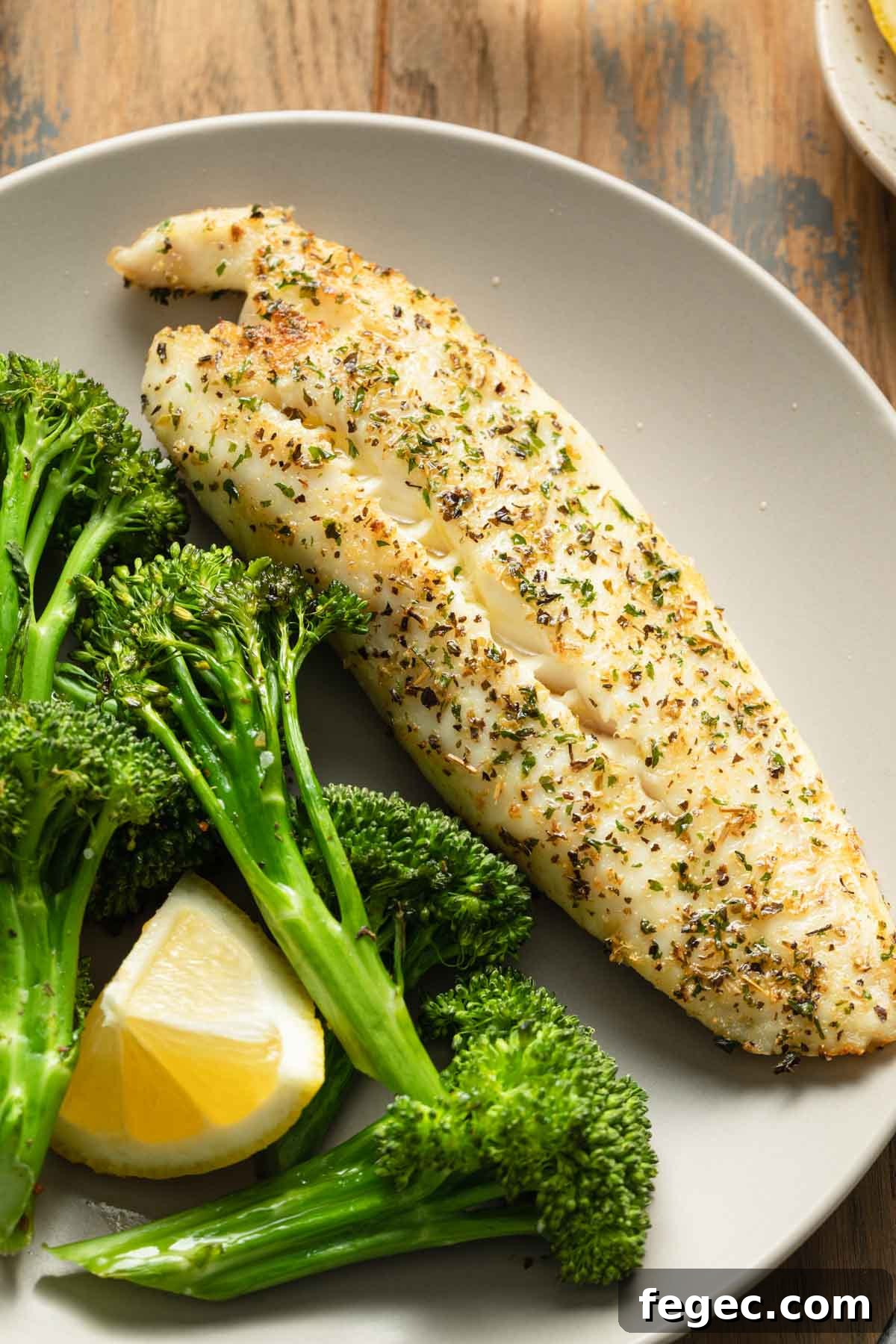 Close up view of a piece of air fried tilapia on a plate with broccoli.