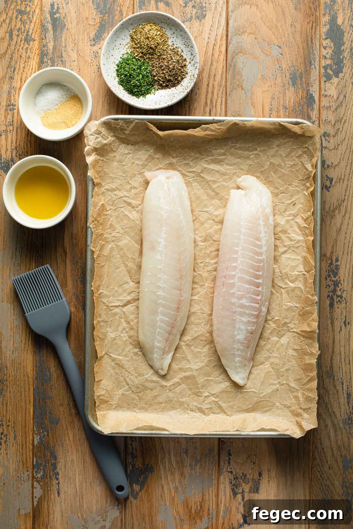 Ingredients to make air fryer tilapia arranged on a wooden table surface.