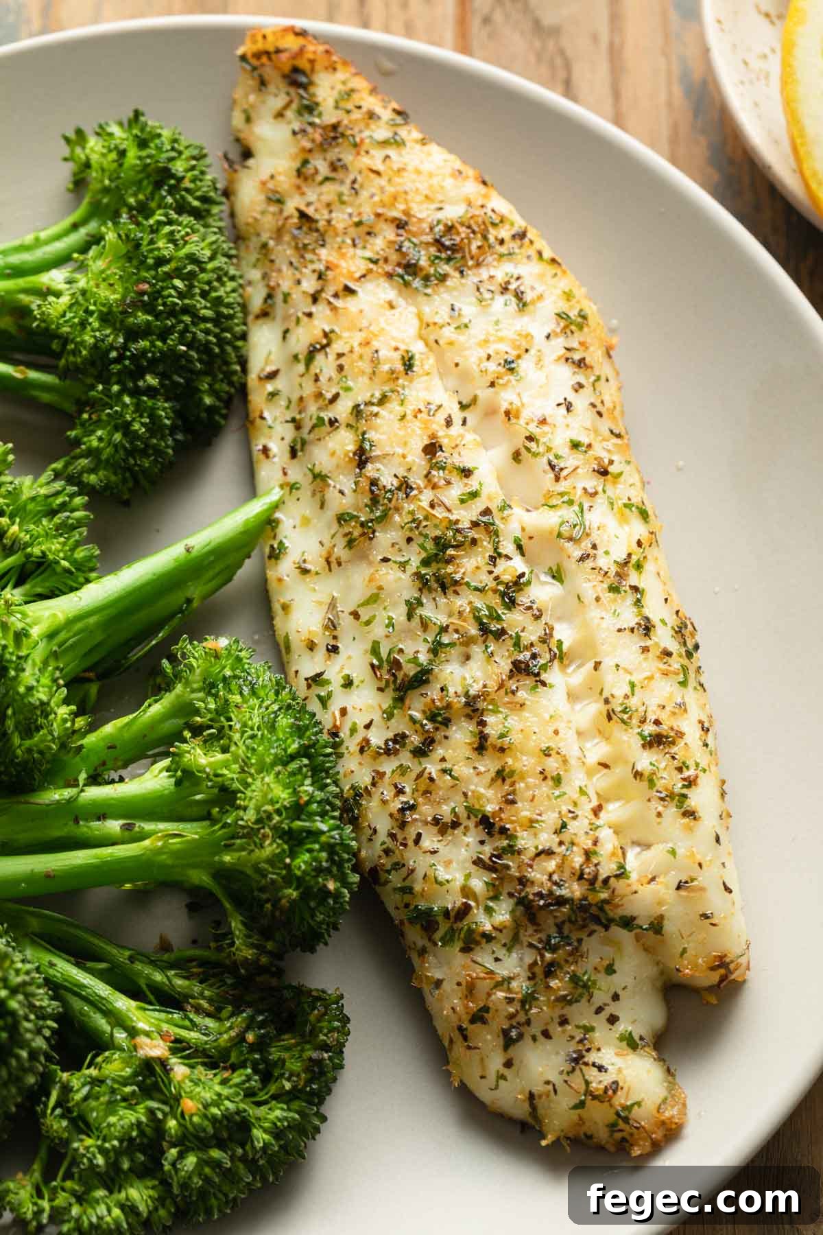 Close up view of a cooked tilapia loin on a plate.