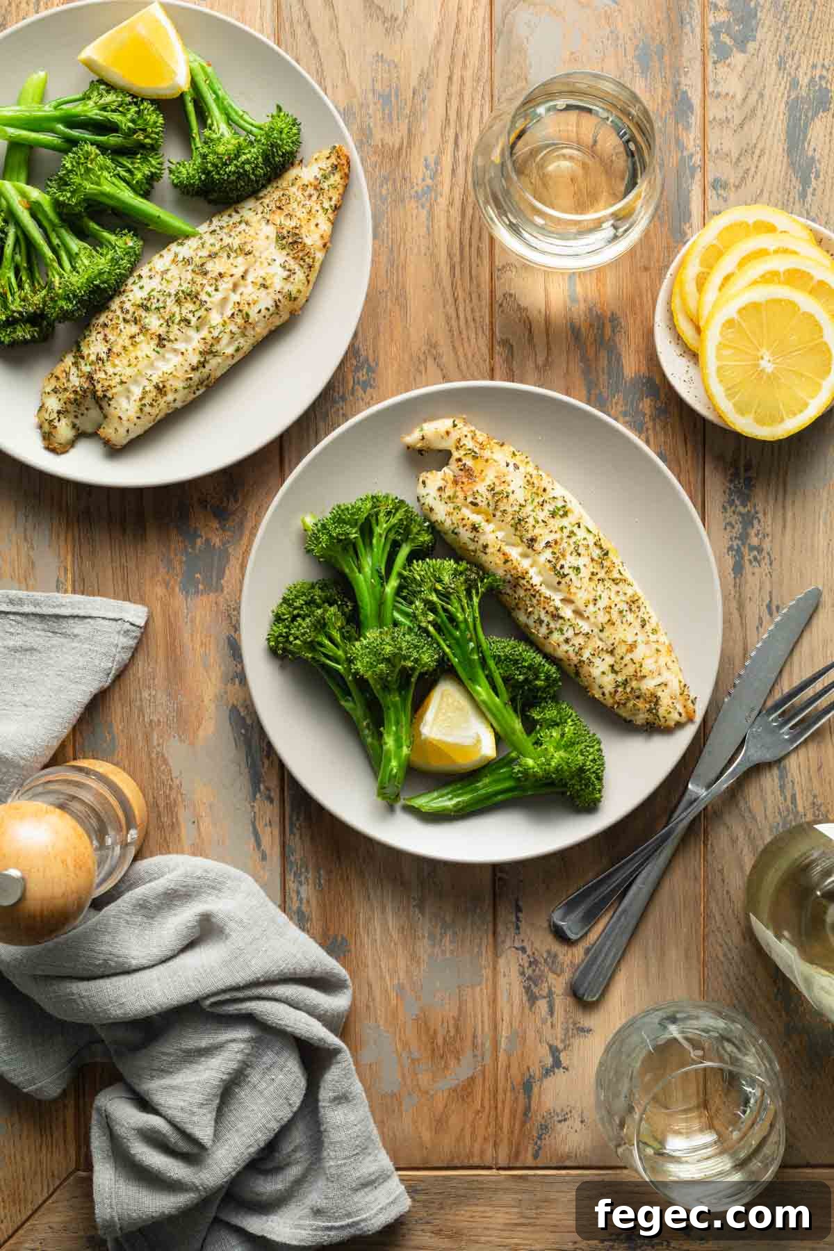 Overhead view of two plates of air fryer tilapia with broccoli on the side.