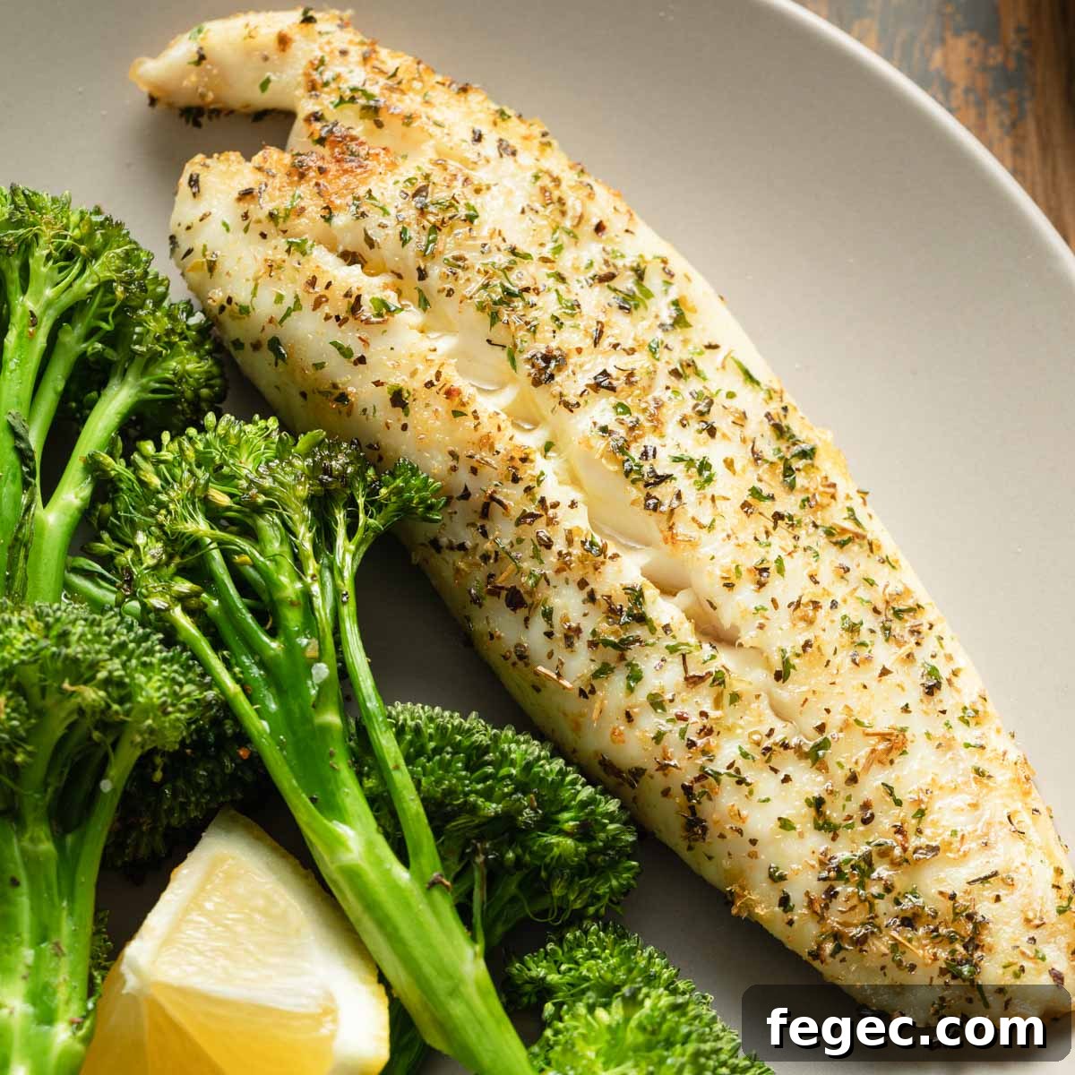 Close up view of a piece of air fryer tilapia on a plate with roasted broccoli.