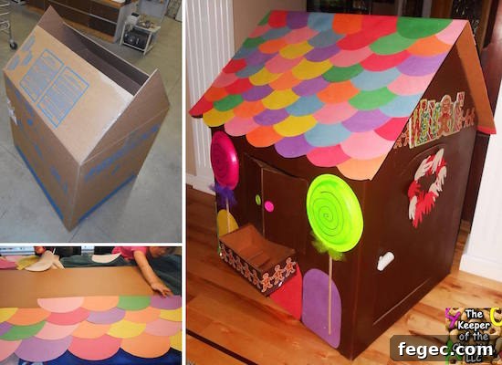 This is pretty much a little kid's DREAM at Christmas! A gingerbread house they can actually go inside of! With cardboard and paper, look how they create the look of a candy house ..... WOW!