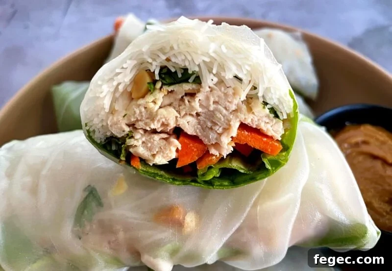 view of a spring roll cut in half with chicken and vegetables inside