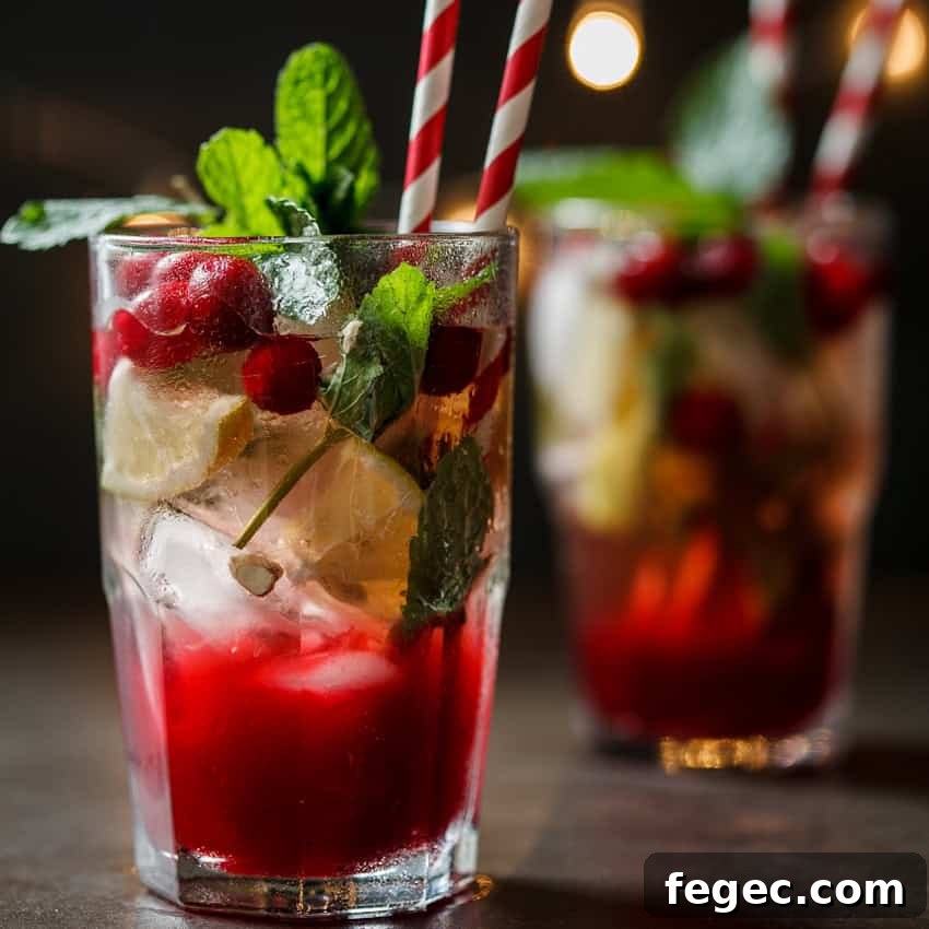 A cranberry ginger mojito garnished with cranberries and fresh mint.
