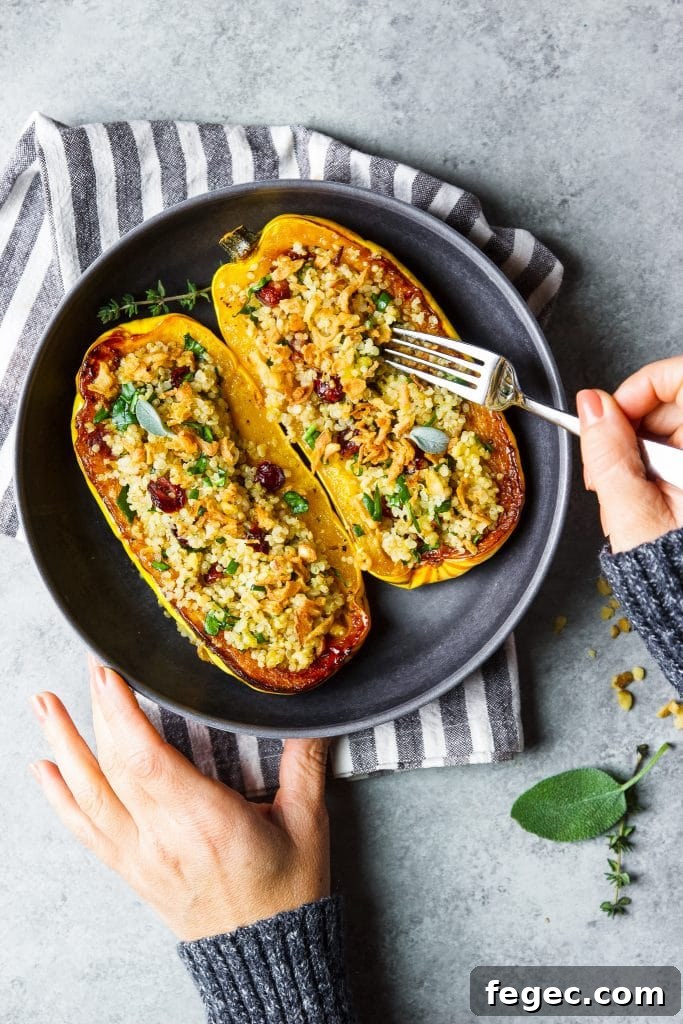 two delicata squash stuffed with quinoa and spinach, walnuts and cranberry on a black plate. A hand holding a fork.