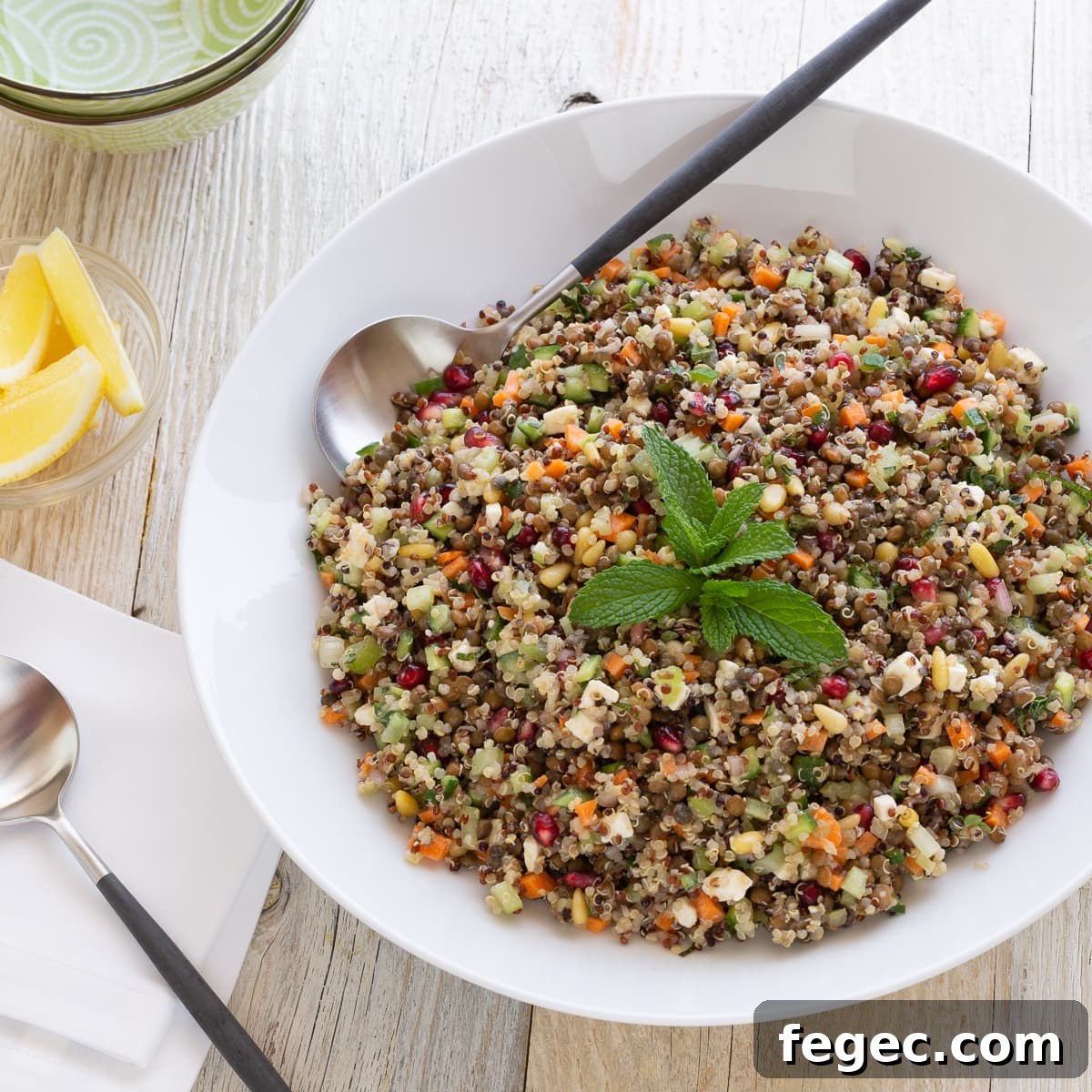 A white bowl of lentil quinoa salad with basil leaves and a serving spoon.