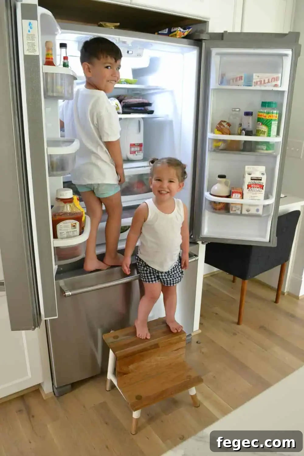 life hacks with 2 toddlers climbing into a fridge