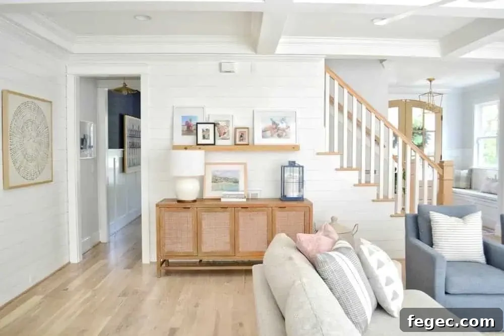 crate and barrel blake grey wash console in a living room