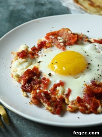 Close-up of sun-dried tomato and feta fried egg.