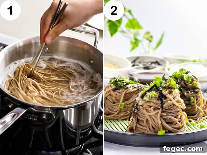 Soba noodles or buckwheat noodles boiled then portioned into individual servings and topped with garnish.