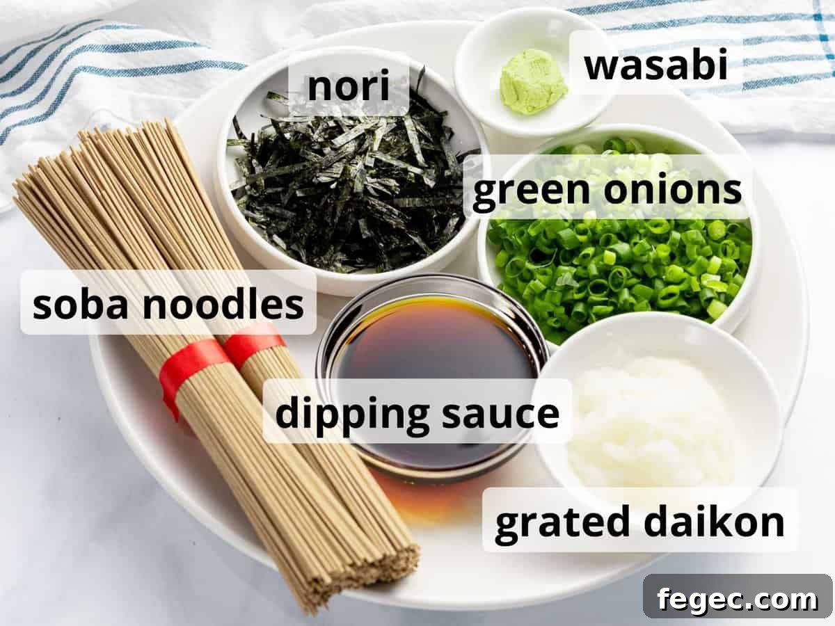 Ingredients for zaru soba or cold soba noodles.