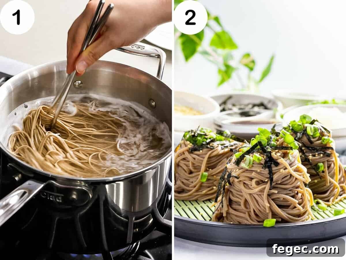 Soba noodles or buckwheat noodles boiled then portioned into individual servings and topped with garnish.