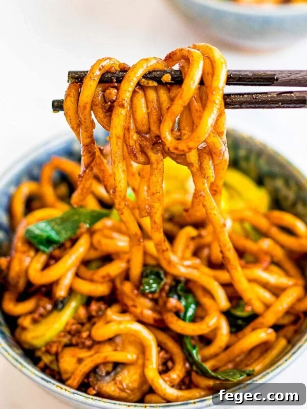 a bowl of yaki udon, stir fried udon noodles held by chopsticks