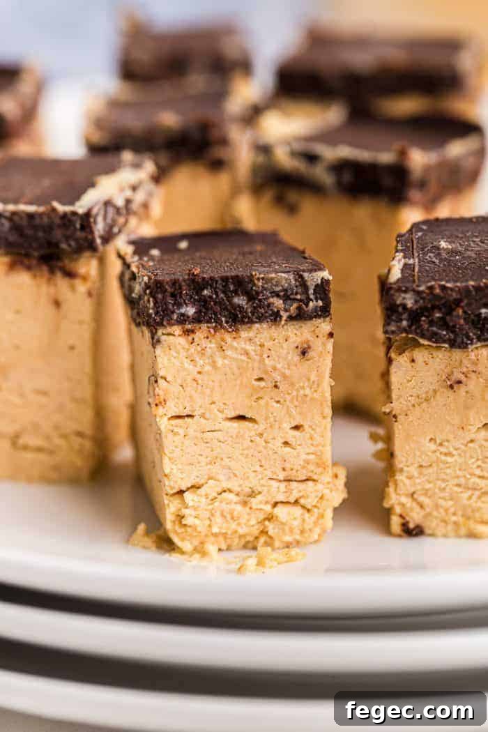 closeup of a keto peanut butter dessert piece with a chocolate fat bombs topping