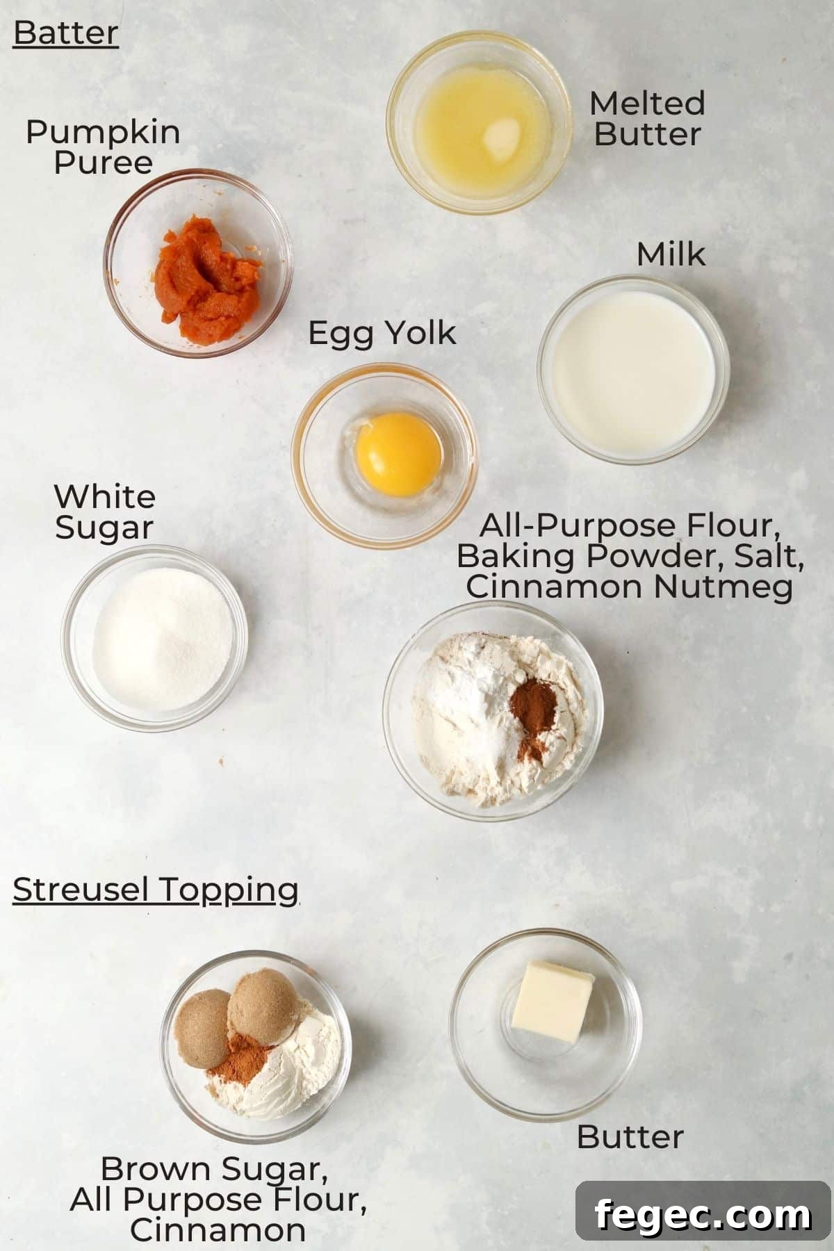Single-Serve Pumpkin Coffee Cake Recipe (Small Batch) 3 Ingredients to make a small pumpkin streusel coffee cake in glass prep bowls.