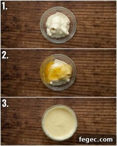 3 step by step photos showing how to make honey mustard mayo