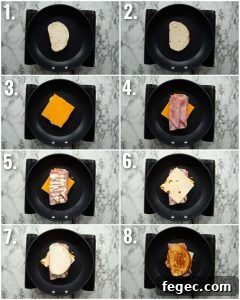 8 step by step photos showing how to make a ham grilled cheese