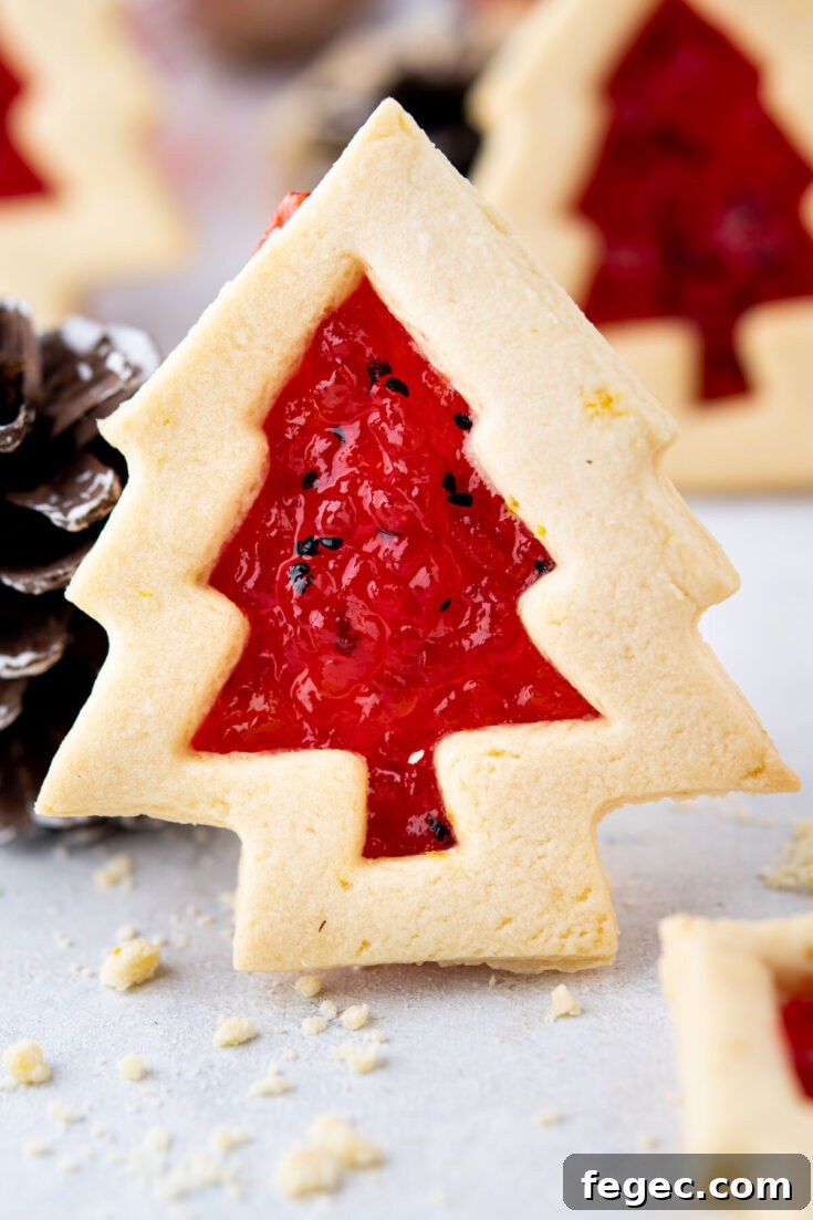 Linzer cookie on a white board with a cone.